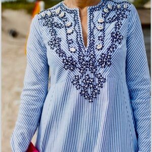 Tory Burch Striped Blue and White embroidered Dress. Large